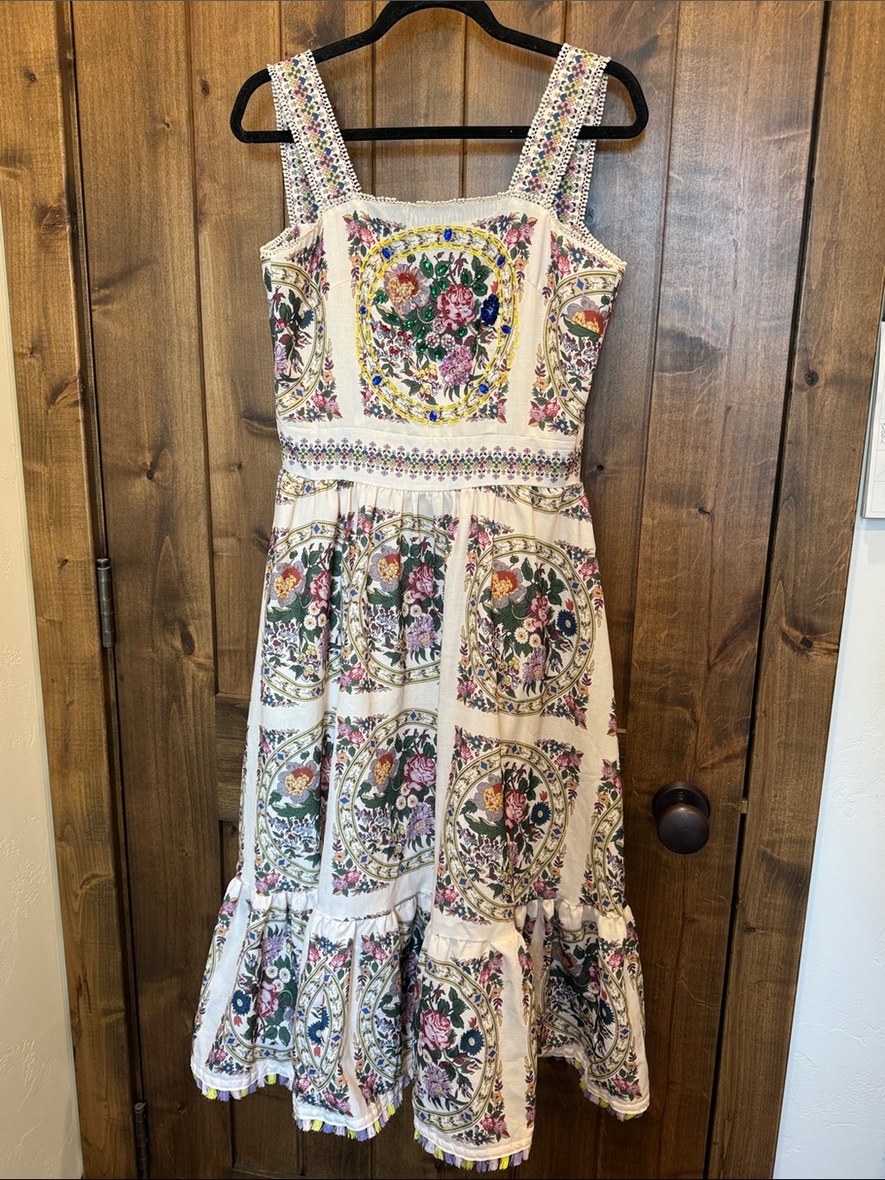 Beulah Cream Midi Dress with Multicolor Floral Medallions